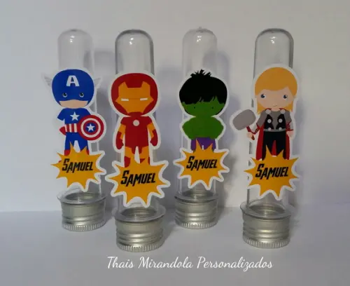 20 Tubetes com Aplique Vingadores Kids, tampa metal
