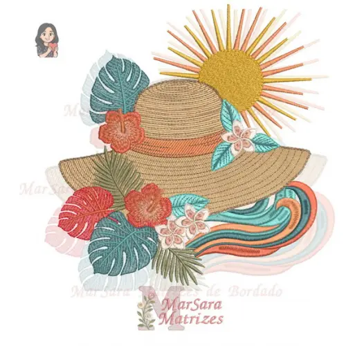 Matriz de Bordado Verão Chapéu Flores Mar e Sol