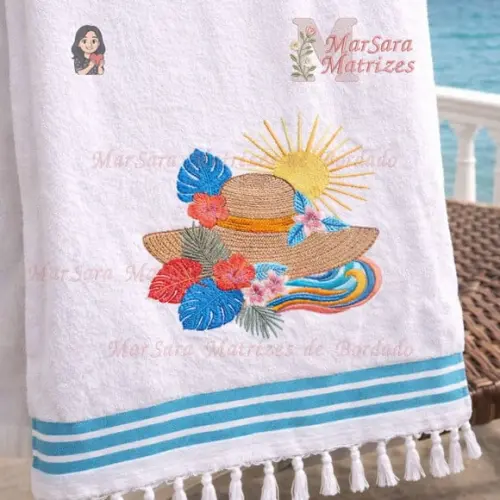 Matriz de Bordado Verão Chapéu Flores Mar e Sol