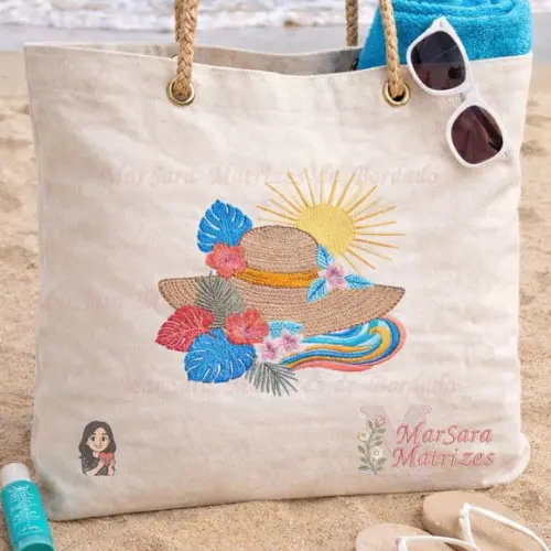 Matriz de Bordado Verão Chapéu Flores Mar e Sol