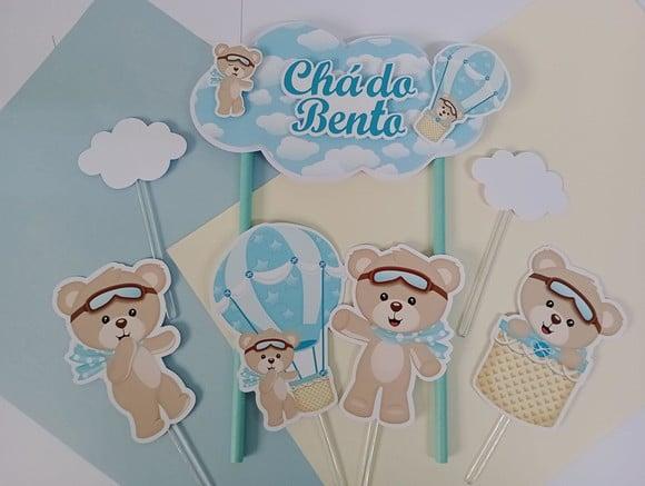 Topo de Bolo Chá de Bebê Ursinho Baloeiro
