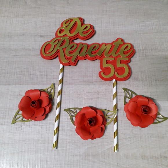 Topo de Bolo De Repente 55 vermelho com Dourado