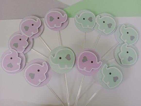 Toppers para Docinhos Chá Revelação Elefante Lilás e Verde