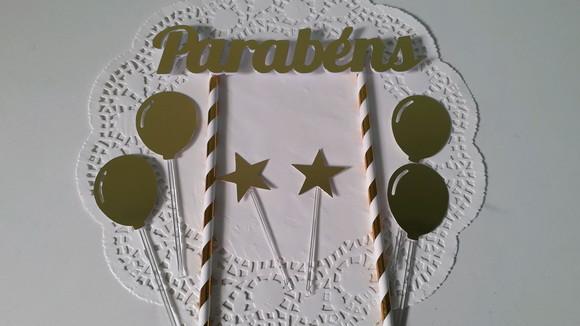 Topo de Bolo/cake Topper Parabéns Dourado