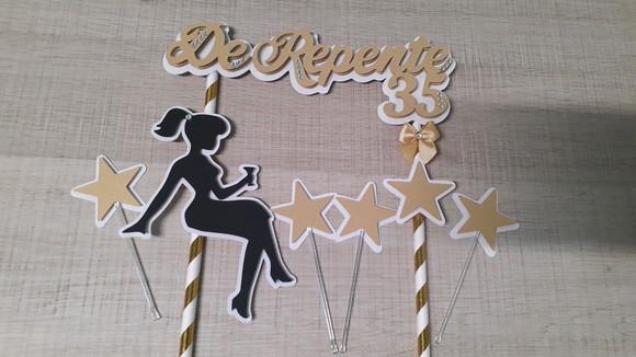 Topo de Bolo/cake Topper de Repente 35 Dourado