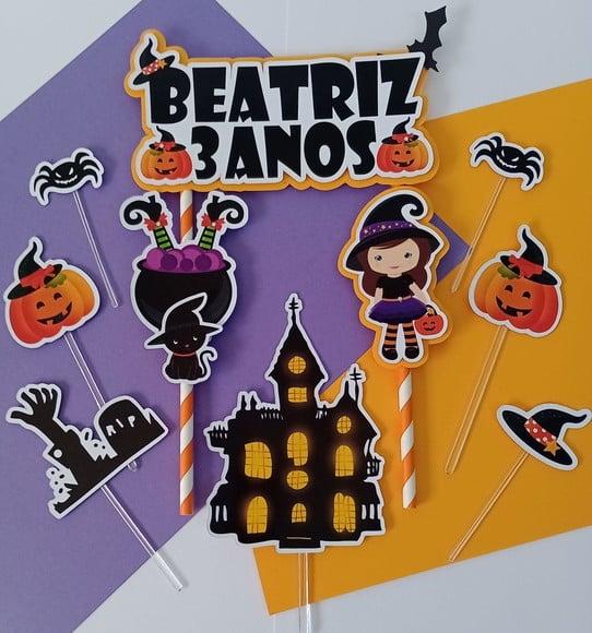 Kit 1 Topo de Bolo e 30 Toppers Docinhos Halloween