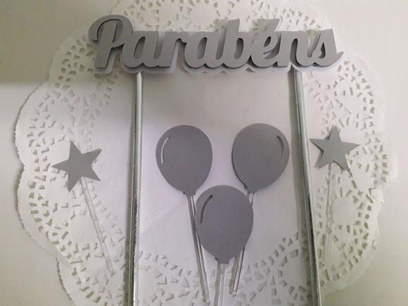 Topo de Bolo/Cake Topper Parabéns Prata