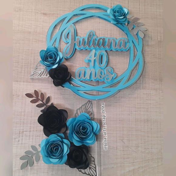 Topo de Bolo/cake Topper Circular Flores - 40 Anos