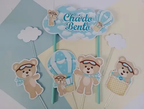 Topo de Bolo Chá de Bebê Ursinho Baloeiro
