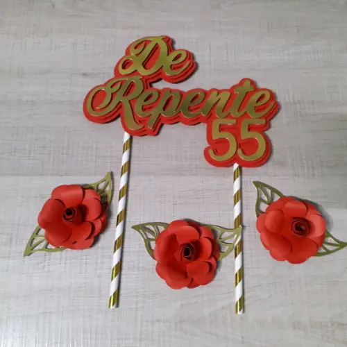 Topo de Bolo De Repente 55 vermelho com Dourado