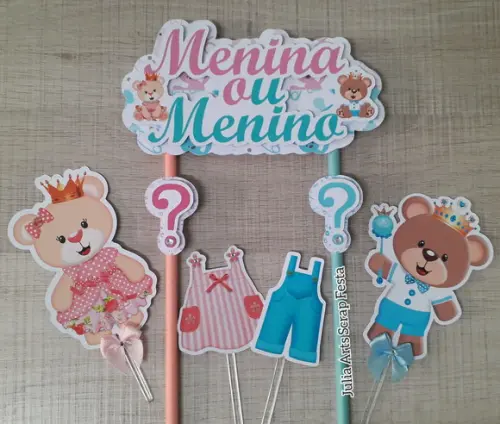 Topo de Bolo/cake Topper Chá Revelação Ursinho Realeza