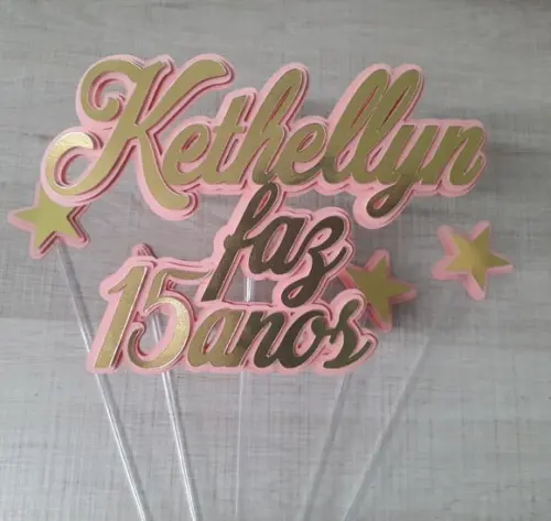 Topo de Bolo/cake Topper 15 Anos - Dourado e Rosa