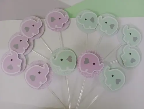 Toppers para Docinhos Chá Revelação Elefante Lilás e Verde
