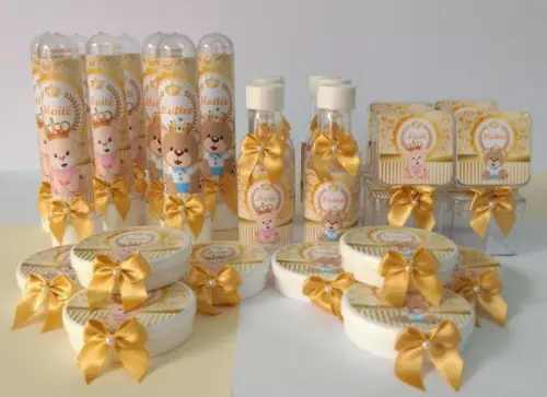Kit Personalizado Chá Revelação Ursinho- Dourado e Branco 2