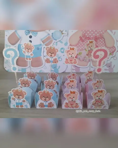 30 Toppers e 30 Forminhas Chá Revelação Ursinho Realeza