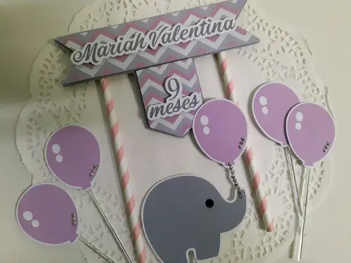 Topo de Bolo/Cake Topper Elefantinho Rosa