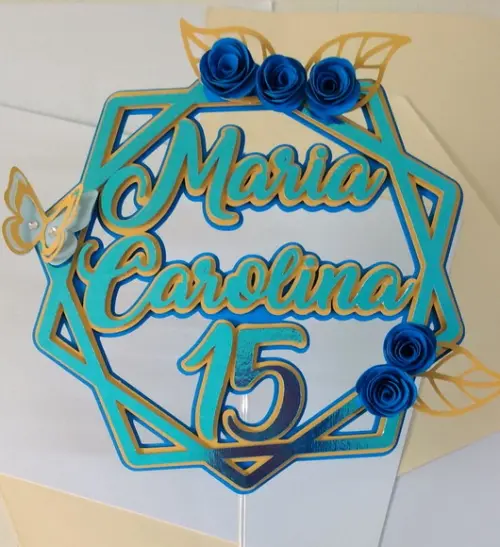 Topo de Bolo/cake Topper Geométrico 15 Anos Azul