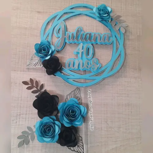 Topo de Bolo/cake Topper Circular Flores - 40 Anos