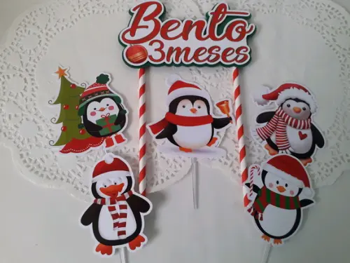 Topo de Bolo/Cake Topper Natal Pingüins