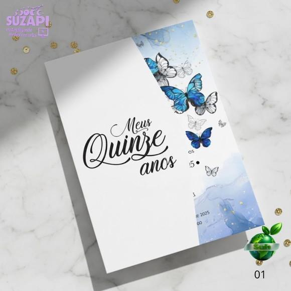 Arte Digital Convite 15 Anos Borboletas Azuis Corte Especial