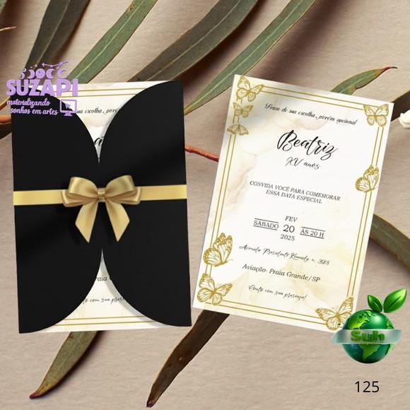 Convite 15 Anos Preto e Dourado com Laço