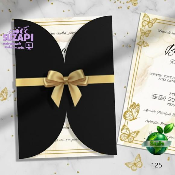 Convite 15 Anos Preto e Dourado com Laço