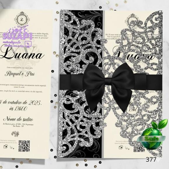 Convite 15 Anos Preto e Prata com Laço