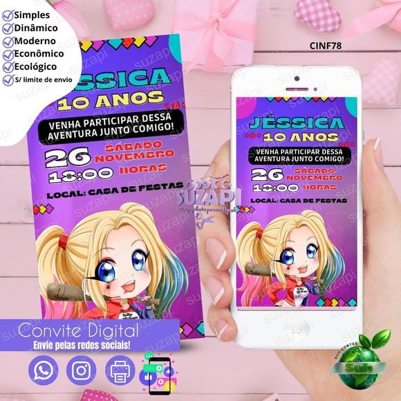 Convite Arlequina Cute 2 Digital Virtual Whatsapp