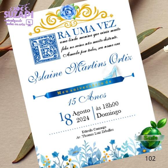 Convite de 15 Anos com Floral Azul com Lacre de Cera