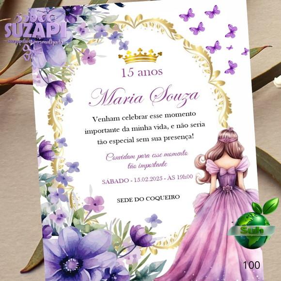 Convite de 15 Anos com Floral Lilás com Lacre de Cera
