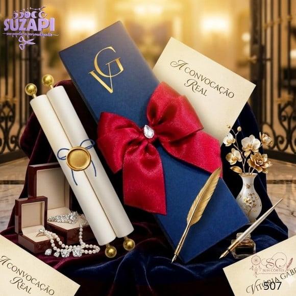 Convite de 15 Anos Pergaminho Azul e Vermelho Especial