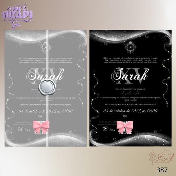 Convite de 15 Anos Preto e Prata Envelope Vegetal Especial