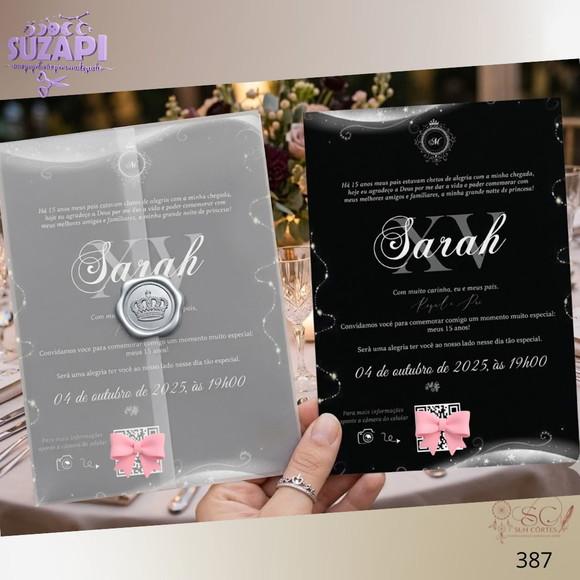 Convite de 15 Anos Preto e Prata Envelope Vegetal Especial