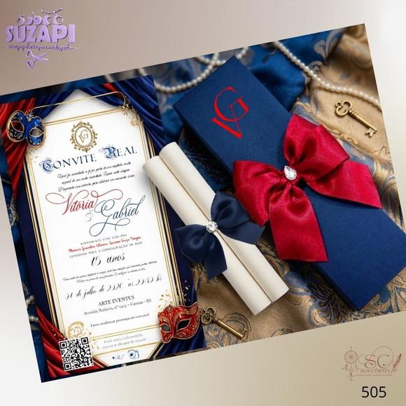 Convite de 15 Anos Realeza Vermelho e Azul Marinho Especial