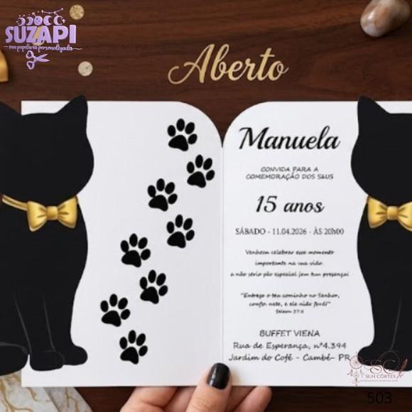 Convite de 15 Gato Preto Corte Laiser Especial