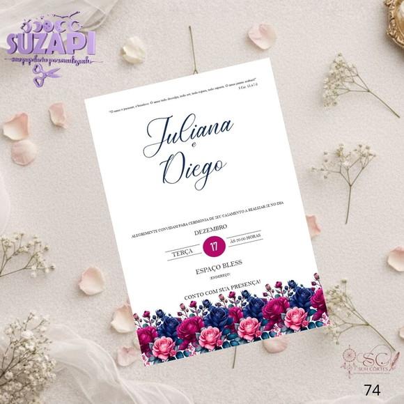 Convite de Casamento Azul Amarinho c Fucsia Tam A5