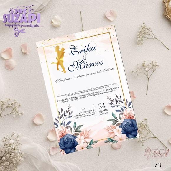 Convite de Casamento Dourado Azul Marinho e Rosa Tam A5