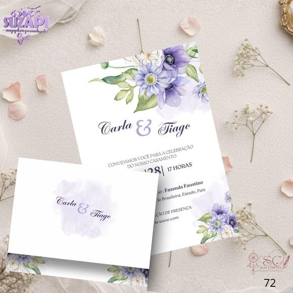 Convite de Casamento Floral Lilas c Verde Tam A5
