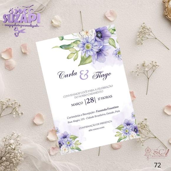 Convite de Casamento Floral Lilas c Verde Tam A5