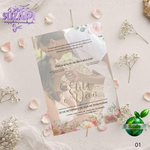 Convite de Casamento Floral Rosa com Foto Tam A5