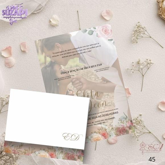 Convite de Casamento Floral Rosa com Foto Tam A5