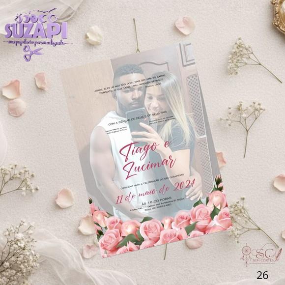 Convite de Casamento Floral Rosa com Foto Tam A5
