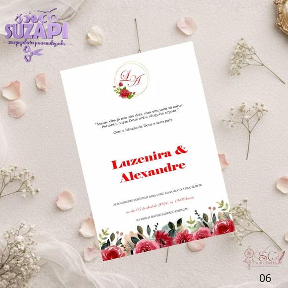 Convite de Casamento Floral Vermelho com Brasão Tam A5