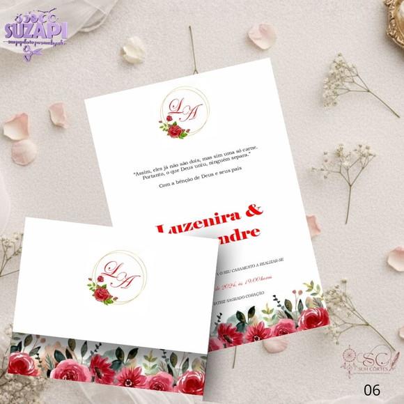 Convite de Casamento Floral Vermelho com Brasão Tam A5