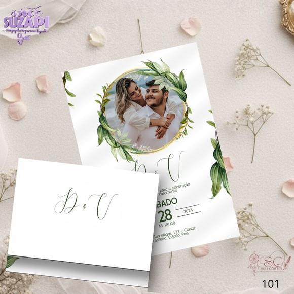 Convite de Casamento Folhas Verde com Foto Tam A5