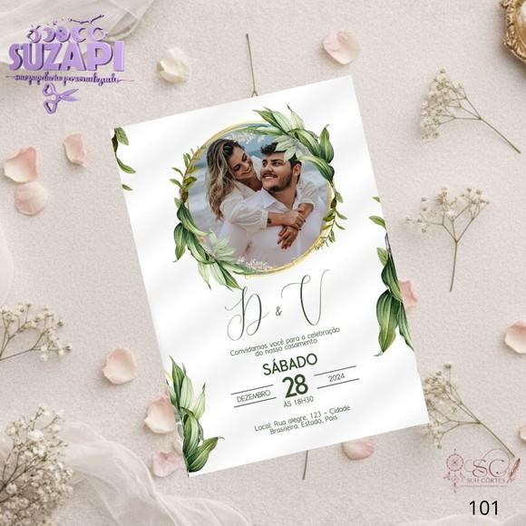 Convite de Casamento Folhas Verde com Foto Tam A5