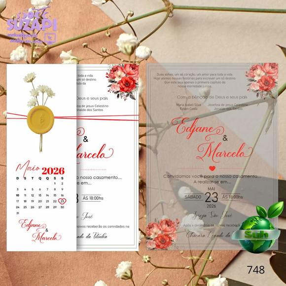 Convite de Casamento Papel Vegetal Vermelho c/ Sempre Vivas