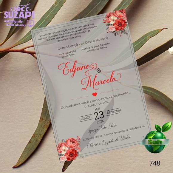 Convite de Casamento Papel Vegetal Vermelho c/ Sempre Vivas