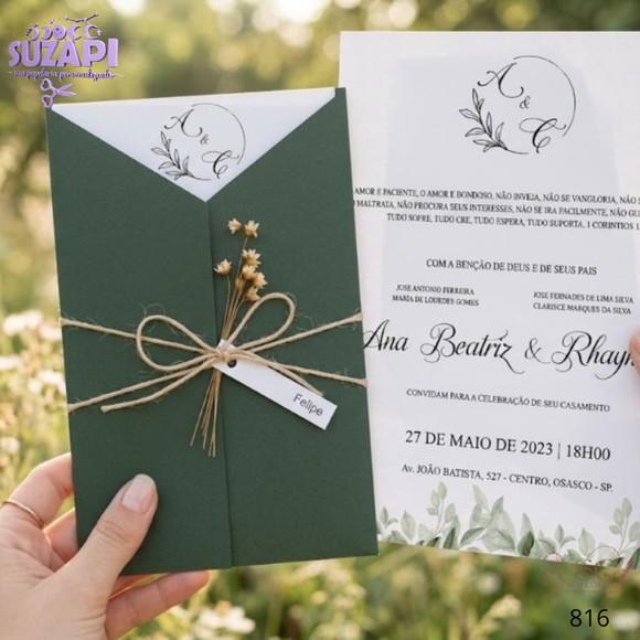 Convite de Casamento Verde Oliva com Sempre Vivas