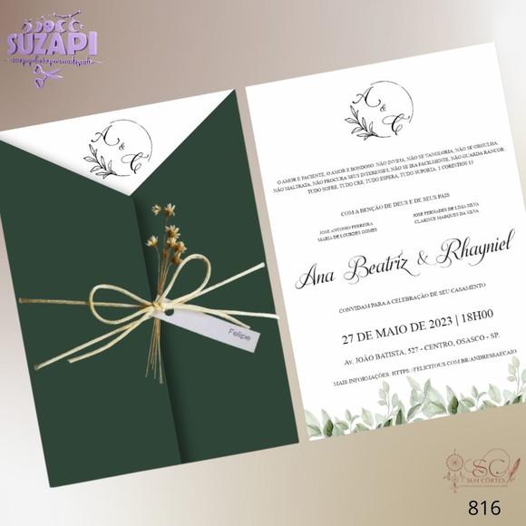Convite de Casamento Verde Oliva com Sempre Vivas